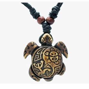 Handcrafted Yin Yang Wood Turtle Pendant Necklace With Adjustable Cotton Cord